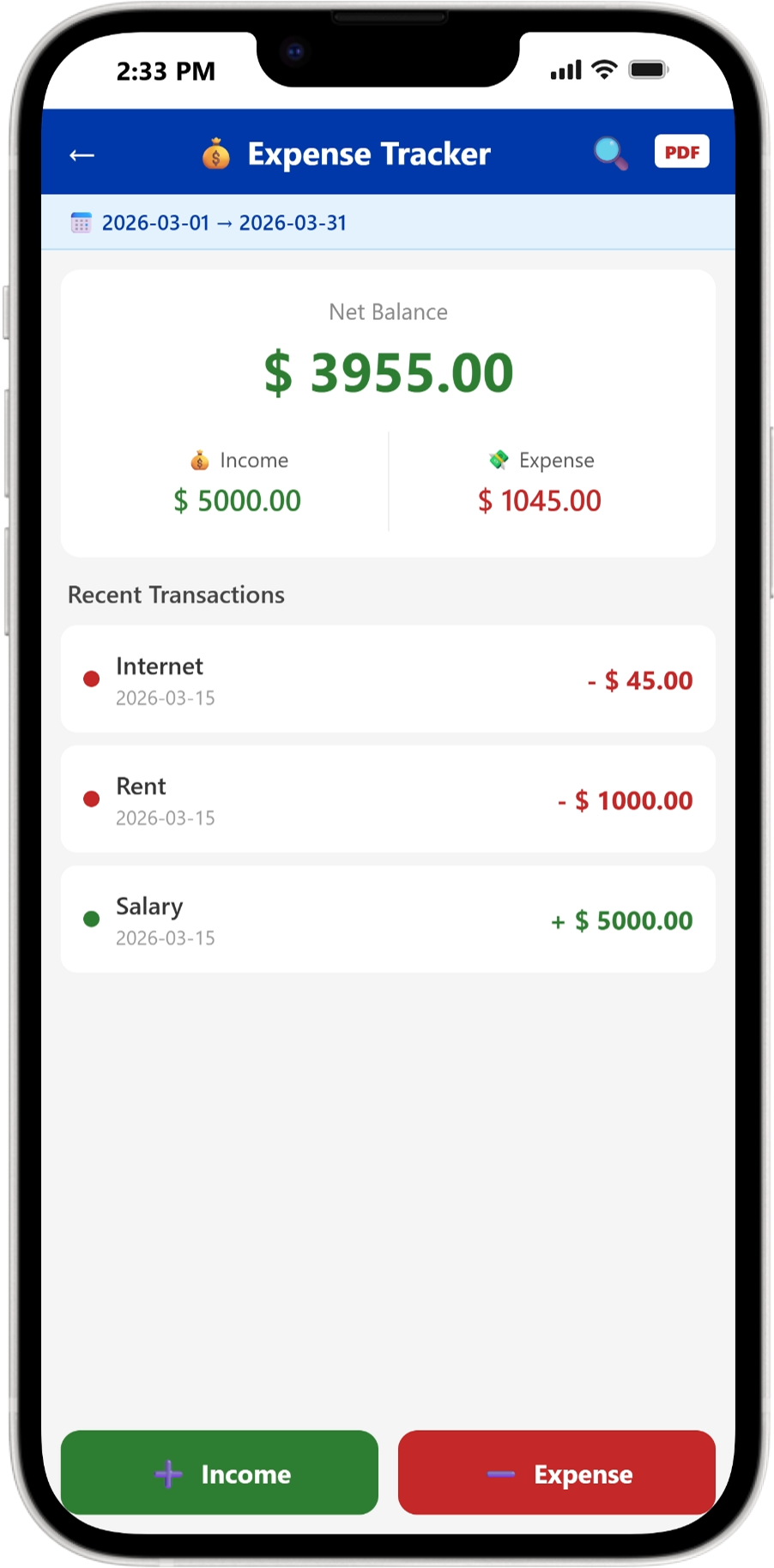 Expense Tracker with net balance