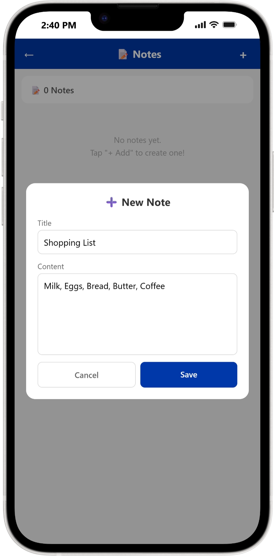 Notes screen